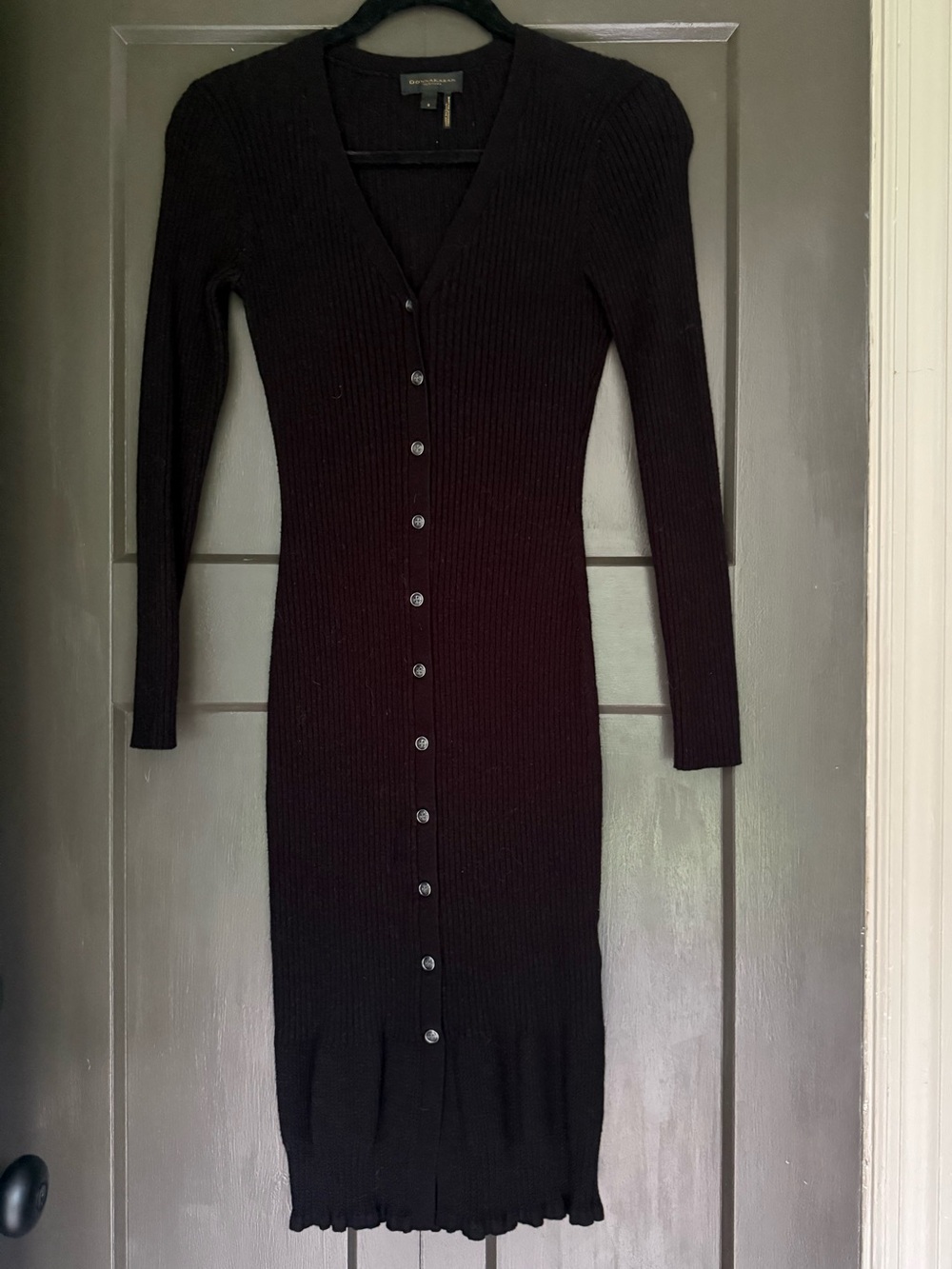 Donna Karan Ribbed Button-Front Long Sleeve Black Dress